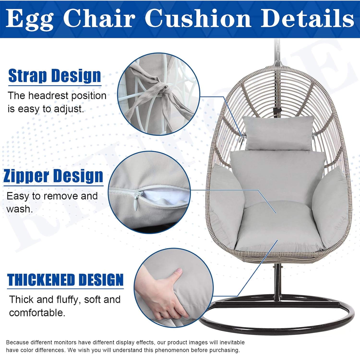 Egg Chair Cushion, Hanging Basket Chair Cushions with Pillow, Soft Outdoor Swing Cushions Replacement with Waterproof Patio Egg Chair Covers (Grey)